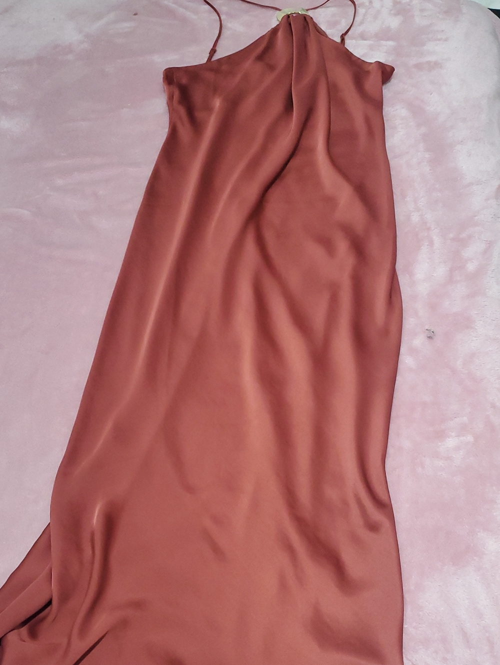 Sleek Rust Satin Slip Dress with Halter Neck